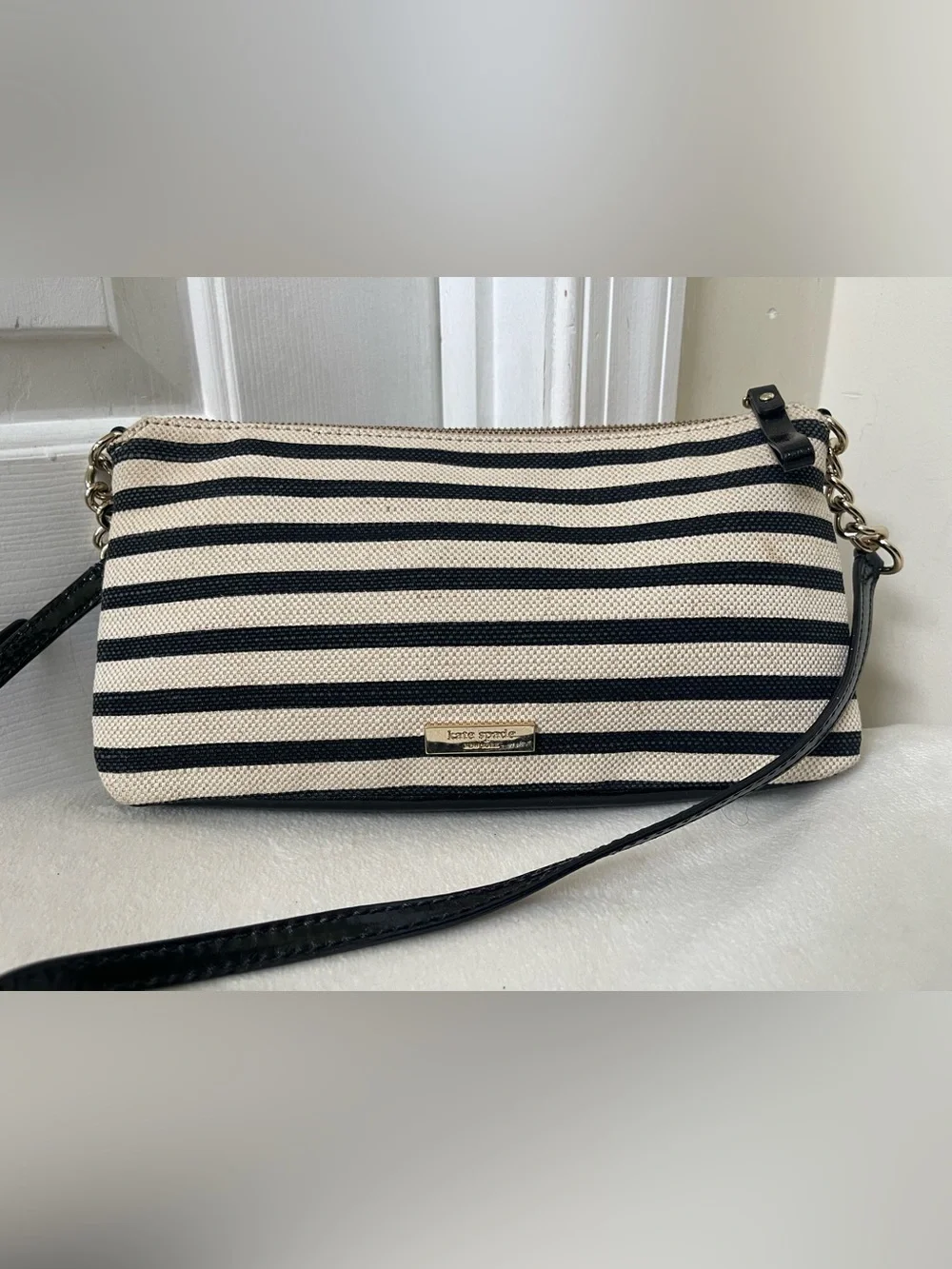 kate spade Black and Cream Striped Crossbody with Bow Detail